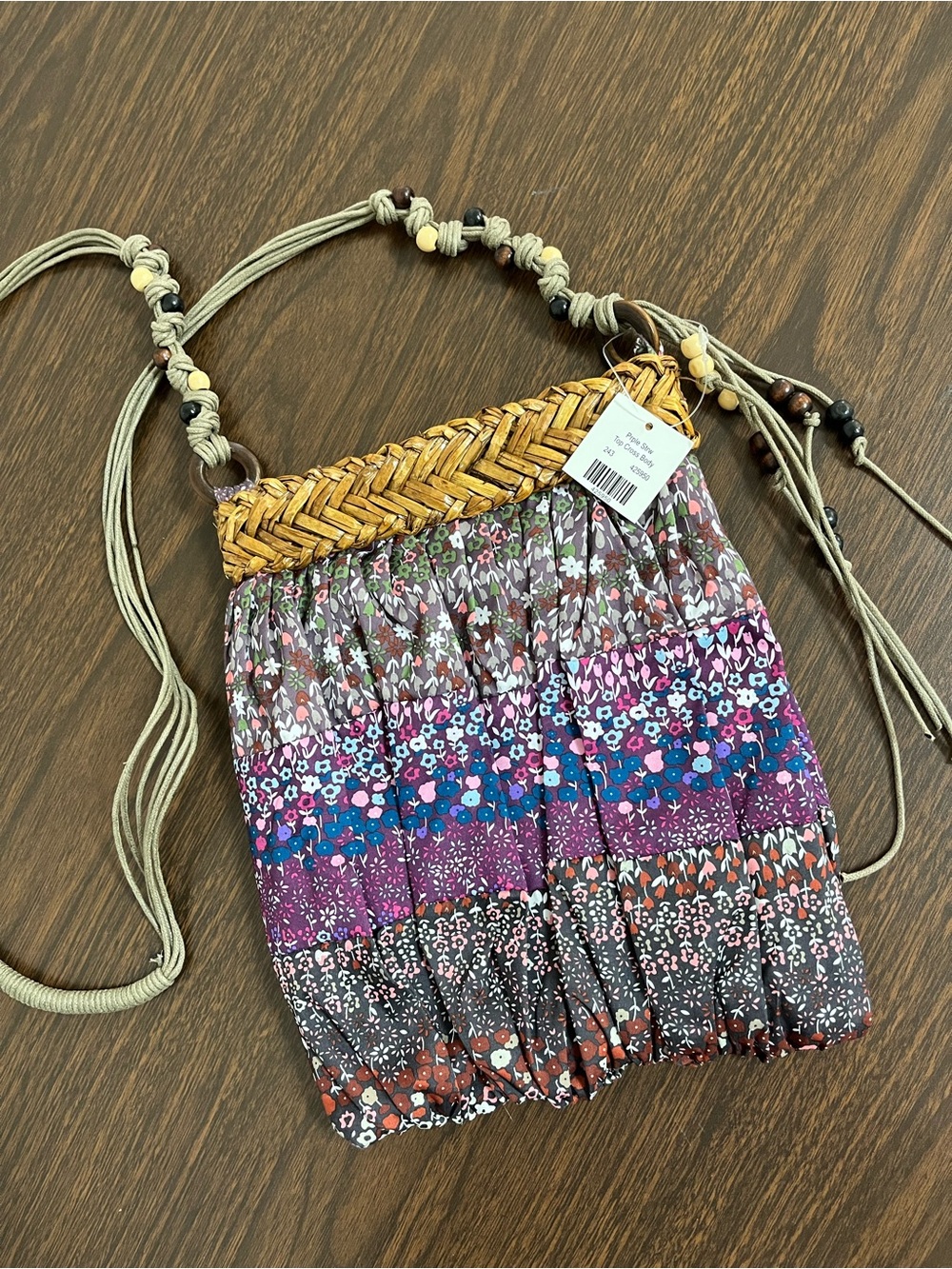 Cracker Barrel Boho Floral Crossbody Bag Straw Trim Beaded Tassel Strap